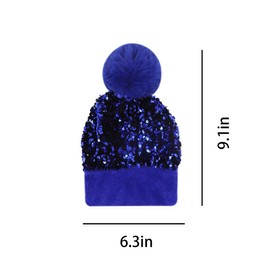 LEOMOSTE Women Girls Winter Sequin Beanie Hat with Faux Fur Pom Pom Knit Skull Cap Light-Blue