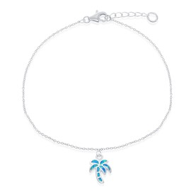 Beaux Bijoux Sterling Silver w/Created Blue Opal Palm Tree adjustable 9+1" Nautical Anklet Bracelet