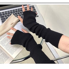 aoozleny 2 Pair Wool Wrist Warmer Winter Long Fingerless Gloves Knit Mitten Gloves Arm Warmer with Thumb Hole for Women (black+white, M)