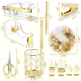 11 Pack Office Supplies Set Desk Stationery Accessories Kit of Stapler, Staple Remover, Tape Dispenser, Binder Clips,Gold Pens, Paper Clips and Scissor with 2000pcs Staples(Gold)