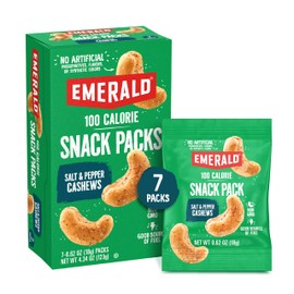 Emerald Nuts Salt and Pepper Seasoned Cashews 7ct (1-Pack), 100-Calorie Individual Packs, Kosher Certified, Non-GMO, Contains No Artificial Preservatives, Flavors or Synthetic Colors