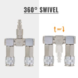 SUNGATOR 2 Way Air Hose Splitter, 1/4 Inch Air Hose Fitting, 1/4'' Quick Connect Manifold Fitting with 2 Universal Couplers & 1 Industrial Air Plug, 360 Degree Swivel Hose Connector, Silver