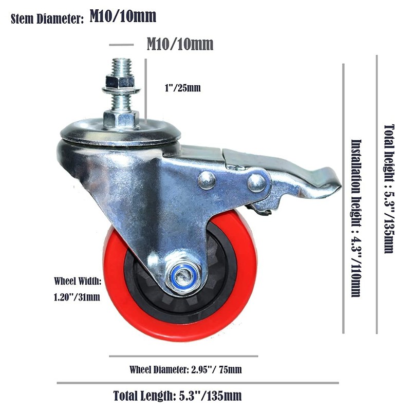 Heavy Duty Stem Caster Wheels M10-1.5X25mm Dual Locking No Noise