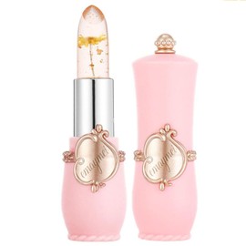 JIAYUTONG Color Changing Flower Lipstick - Hydrating Jelly Lip Balm with Flower Inside, Long Lasting Moisturizing Gloss, Nourishing Lip Care (Pink Tube-Gold)