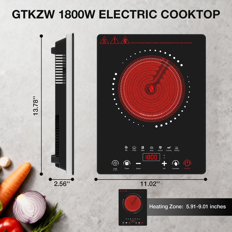 Portable Electric Cooktop GTKZW, 1800W Single Stove Burner Hot Plate