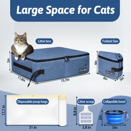 Petskd Cat Travel Litter Box with Lid 15.7x11.8x5, Portable Mobile Litter Box for Medium Large Cats,Leak-Proof Kitty Litter Box for Car Travel Hotel Stays with A Scoop,A Bowl and Poop Bags(Blue)