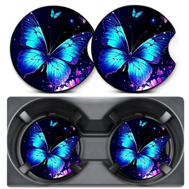 2 Pack Car Coasters for Cup Holders,Blue Butterfly Car Cup Holder Coasters,2.75" Universal Size Anti Slip Rubber Mat,Automotive Interior Accessories,Car Cup Holder Decor,Butterfly Gifts for Women Mom