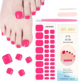 Semi Cured Gel Toenail Strips, 16 Sizes 32 Pcs Hot Pink Nail Polish Strips with Nail File & Wooden Stick, Salon Quality Long Lasting, Easy to Apply & Remove, Works with All Nail Lamps