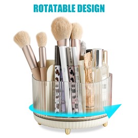 Veki 360°Rotating Makeup Brush Holder Organizer, Makeup Organiser for Dressing Table, Cosmetic Brush Holder for Bathroom and Vanity, Cosmetic Brushes Container Storage for Lipstick Eyeliner (Beige)