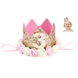 Hitopin 1 Piece Birthday Baby Crown with Number 3, Baby Princess Crown Birthday Crown Hair Band Hair Accessories Princess Birthday Crown Girl Headband Birthday Hat (Pink)