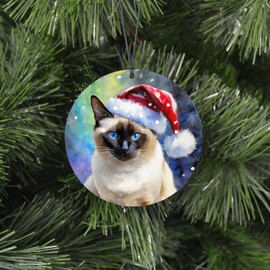 Siamese Cat Christmas Ornament - Watercolor Theme With Snow, Santa Cap and Northern Lights - 2024 Acrylic Ornaments For Tree - Cat Gifts and Holiday Home Decor