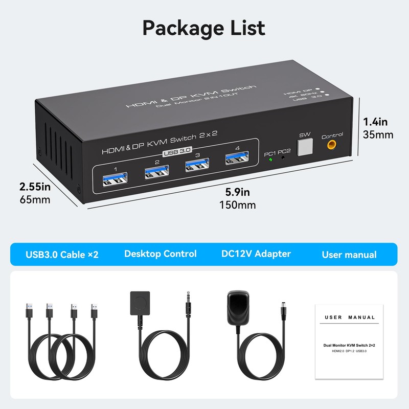 KVM Switch 2 Monitors 2 Computers DisplayPort and HDMI 4K@60Hz