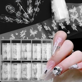 SILPECWEE 10 Rolls White Flower Nail Foil Holographic Nail Art Foil Nail Flower Nail Transfer Foil Paper Foil Flower Nail Stickers Decals Fingernail Wraps for Nail Decoration