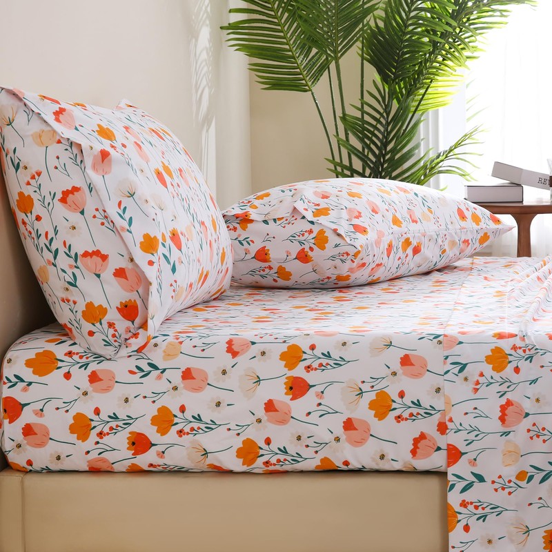 JSD Tulip Floral Sheet Set Twin Size, 3 Piece Spring