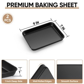 E-far Baking Sheet Set of 2, 9" x 7" x 1" Small Cookie Sheet Pan for Baking, Nonstick Carbon Steel Baking Trays for Toaster Oven, Heat-Resistant & Easy Clean, Black