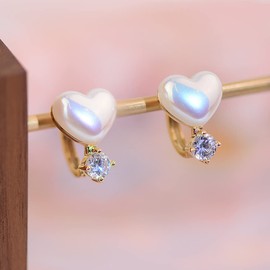 MIKAMU Pearl Ring Earrings, Popular, Finest, Zirconia, 18K Gold, RGP, Popular, Heart, Hypoallergenic, Gift, Includes Exclusive Box, Silver Stainless Steel