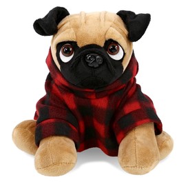 DolliBu Super Soft Pug Dog Stuffed Animal with Plaid Red Hoodie Sweater and Personalization - Pug Dog Plush Lumberjack Stuffed Toy with Plaid Jacket Dress Up for Christmas, Holiday, Winter - 8 Inches