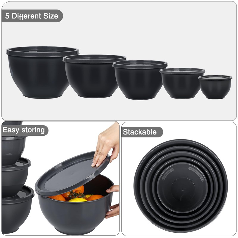 5-Piece Plastic Mixing Bowls with Lids Set for Kitchen, Nesting
