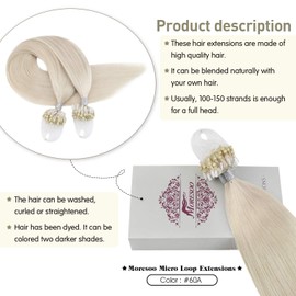 Moresoo 20 Inch Micro Loop Hair Extensions Microbead Extensions Human Hair Color #60A White Blonde 100% Natural Human Hair Extensions Loop Micro Ring Blonde Hair Extensions 50Ss 50G Per Pack