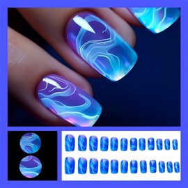 24 Pcs Ocean Blue Press on Nails Short Square - YEFIUO Spring Fake Nails Press ons Nail Art Tips Acrylic Nail Kit Glossy Glue on Nails Full Cover False Nails with Geometric Ripples Design for Women