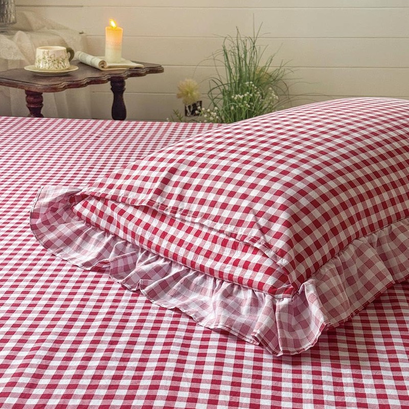 NSNLGSGC Red Ruffled Plaid Gingham Standard Size Pillow Shams 20"x26",