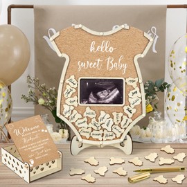 Wenqik 63 Pcs Bodysuit Baby Shower Guest Book Alternatives Set Baby Shower Decorations with Photo Frame Sonogram Frame Keepsake 60 Wood Slices Guest Book for Birthday