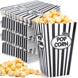 Xinnun 100 Pack Popcorn Boxes Classic Black White Stripe Paper Popcorn Buckets Disposable Oil Proof Container Vintage Retro Open Top Holders for Movie Night Supply Theater Carnival Party
