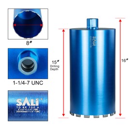 SALI Wet Diamond Core Drill Bits 8"/205mm Diameter, 15"/380mm Drilling Depth Concrete Core Drill Bit, 1-1/4-7" Thread Core Bit Turbo Laser-Welded Segments with Rebar, Brick, Block, Masonry, Stone