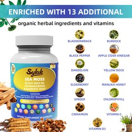 Sykik Sea Moss Black Seed Oil with Ashwagandha, Turmeric, Bladderwrack, Burdock, Vitamins C & D3, Elderberry, Manuka, Dandelion, Yellow Dock, Iodine, Chlorophyll, ACV, 60 Capsules