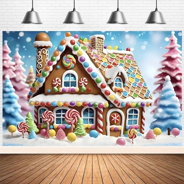 Christmas Gingerbread House Photography Backdrop Lollipop Snowflake Merry Xmas Tree