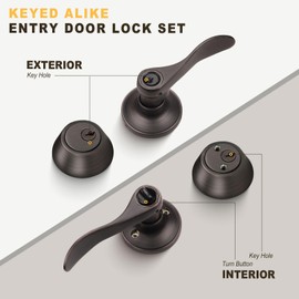 Brotima 4 Pack Keyed Alike Entry Door Lock Set, Double Cylinder Deadbolt with Wave Style Lever Door Handle, Oil Rubbed Bronze Wave Style Heavy Duty Door Lever Set for Bedroom,Exterior Doors