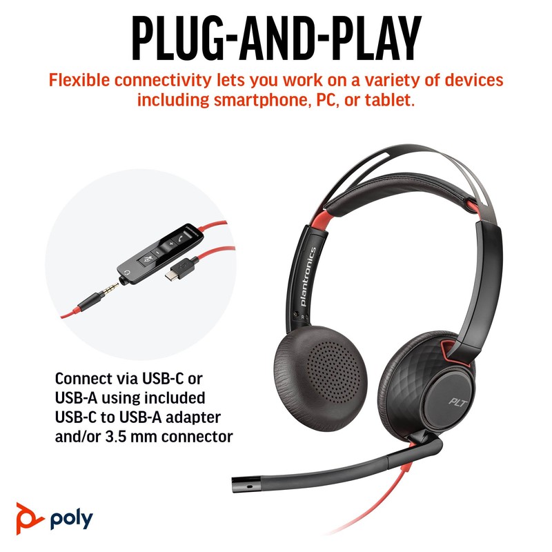 Poly Blackwire 5220 Wired Headset - Flexible Noise-Canceling Boom Mic