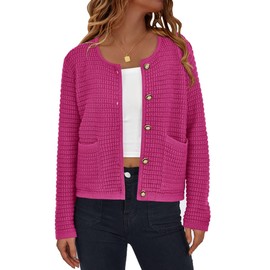 PRETTYGARDEN Women Knit Cardigan Sweaters Fall Fashion Long Sleeve Open Front Button Down Trendy Casual Jacket Winter Clothes (Rose Red,Large)