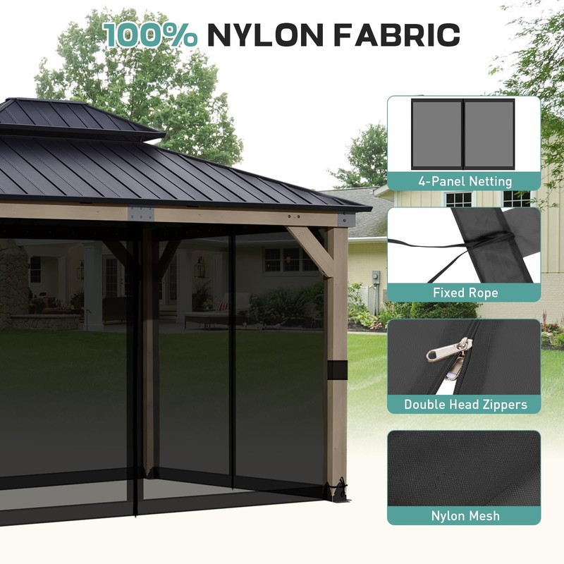 Aoodor 12x14 ft Gazebo Mosquito Netting, Replacement 4-Panel Sidewalls with