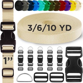 TECEUM Buckles & Strap Kit – 1" Cream Nylon Webbing 6 (yd) – 6 Heavy Duty Adjustable Plastic Buckles – 12 Tri-Glide Slide Clips – 3 Metal D-Ring – Ideal Straps for Arts Crafts Outdoors Indoors DIY