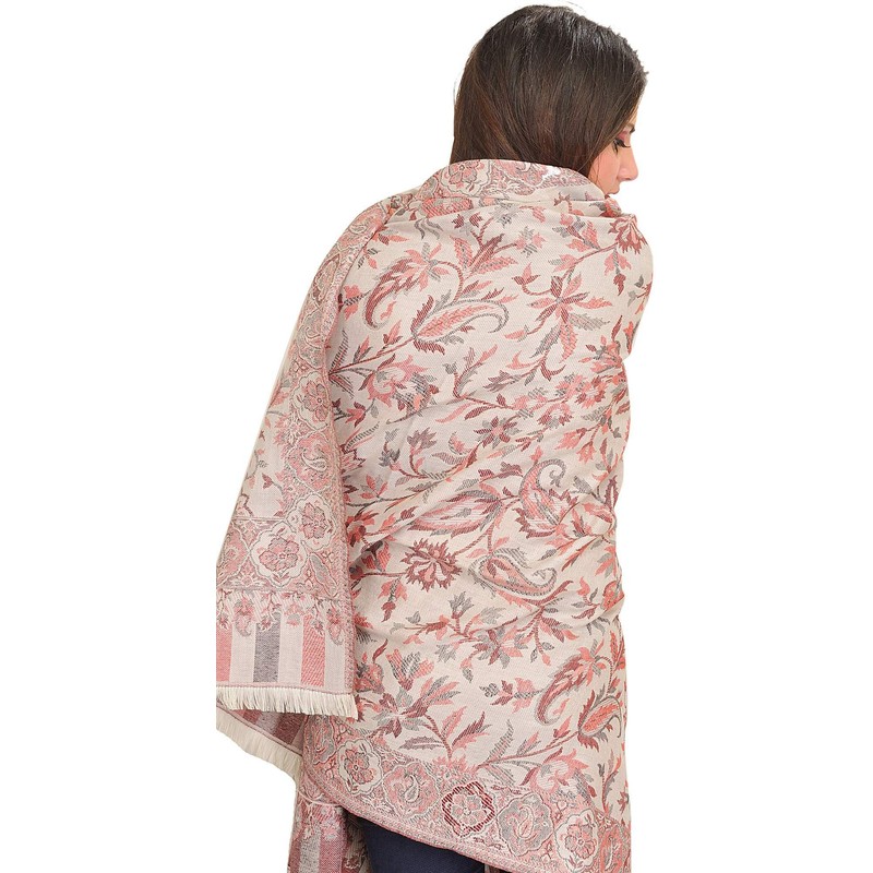 Exotic India Reversible Jamawar Shawl from Amritsar with Woven Flowers