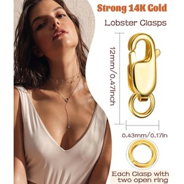 Kcctoo Silver Lobster Claw Clasp with Closed Jump Rings 14K Gold Necklace Clasps and Closures for Jewelry Making, Made in Italy 12mm(0.47inch) (8pcs Gold)