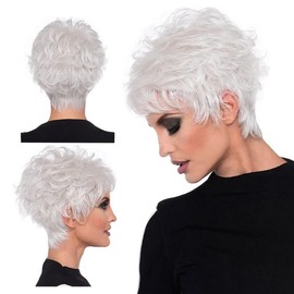 Silver Wig in Pixie Cut, Slanted Fringe, Short Curly Hair, Fluffy White Wig, Natural Hair for Middle Aged Women and Older Women for Daily Use