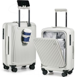 OIWAS 20 Inch Carry On Luggage, Front Pocket Carryon Suitcase with Phone Holder & Cup Holder, Airline Approved Hardshell Luggage with Double TSA Lock, USB Port, One-Click Brake, White