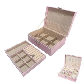 Vintage PU Leather Jewelry Box - 2 Layer Travel Organizer with Lock for Rings, Earrings, Necklace, Bracelet & Watch (pink)