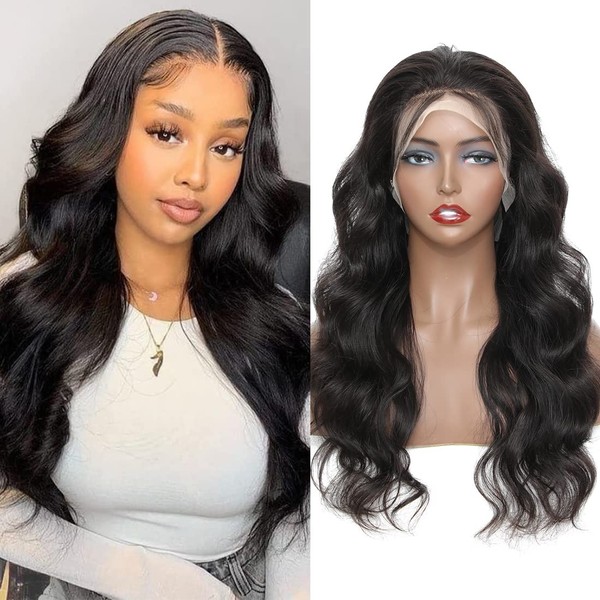 13 x 4 Lace Front Human Hair Wigs Body Wave Real Hair Wigs for Women 180% Density Free Part Wig Natural Black Wig with Baby Hair (50 cm, Black)
