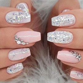 Press on Nails Coffin Short False Nails with Silver Glitter Designs White Silver Full Cover Fake Nails Artificial Acrylic Nails Glossy Stick on Nails for Women 24 Pcs