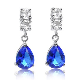 [RIZILIA TEARDROP] Dangle Pierced Earrings with Pear Cut Gemstones CZ [Blue Sapphire] in 18K White Gold Plated, Simple Modern Elegance