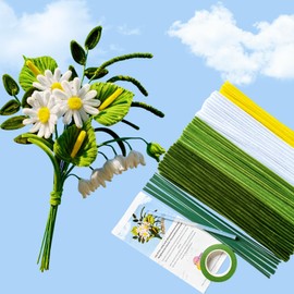 YYUENG TAK 200 pcs Pipe Cleaner Flowers Craft kit for DIY Gerbera Daisy Bouquet with tutoria,Green Pipe Cleaners Craft,Chenille Stems Flowers Craft kit(with 15 pcs Green Floral Wires,Gardening Tape)