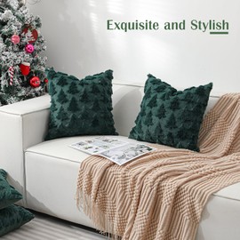 Lewondr Christmas Throw Pillow Cover 20x20, Set of 2 Super Soft Faux Fur Pillow Covers Velvet Christmas Tree Embroidery Decorative Throw Pillowcase for Living Room Bed Couch Sofa Car Home Decor, Green