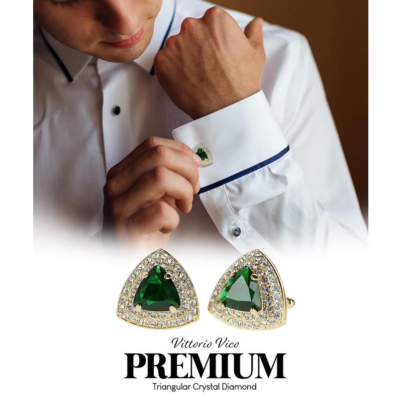 Vittorio Vico Triangular Crystal Diamond Set Cuff Links (Emerald/Gold, CL-7214)