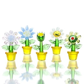 H&D HYALINE & DORA 5pcs Handcraft Glass Blown Mini Cute Flowers Plants Crystal Art Figurines Collectibles Home Office Tabletop Garden Simulation Plants Decor Car Inner Ornaments