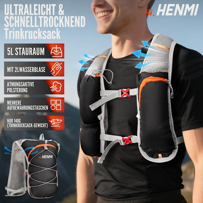 HENMI Hydration Backpack Water Bladder Backpack with 2L Water Bladder