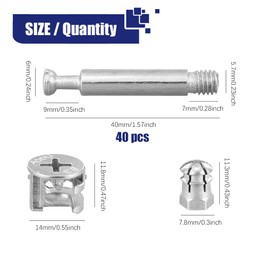 BITEFU Set of 40 Furniture Connectors, Eccentric Cabinet Connectors, Diameter 15 mm, Screw-In Dowels for Splicing Furniture, Cabinet, Table Cabinets (M6 x 40 mm, Zinc Alloy)