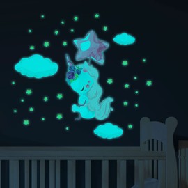 Ambiance Sticker Luminous Flying Unicorn Fluorescent Ceiling Sticker for Children H30 x L40 cm + 110 Stars